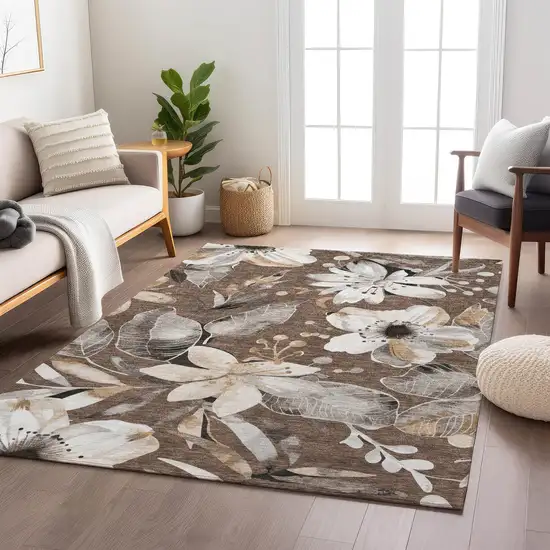 Chocolate Ivory And Wheat Floral Washable Indoor Outdoor Area Rug Photo 9
