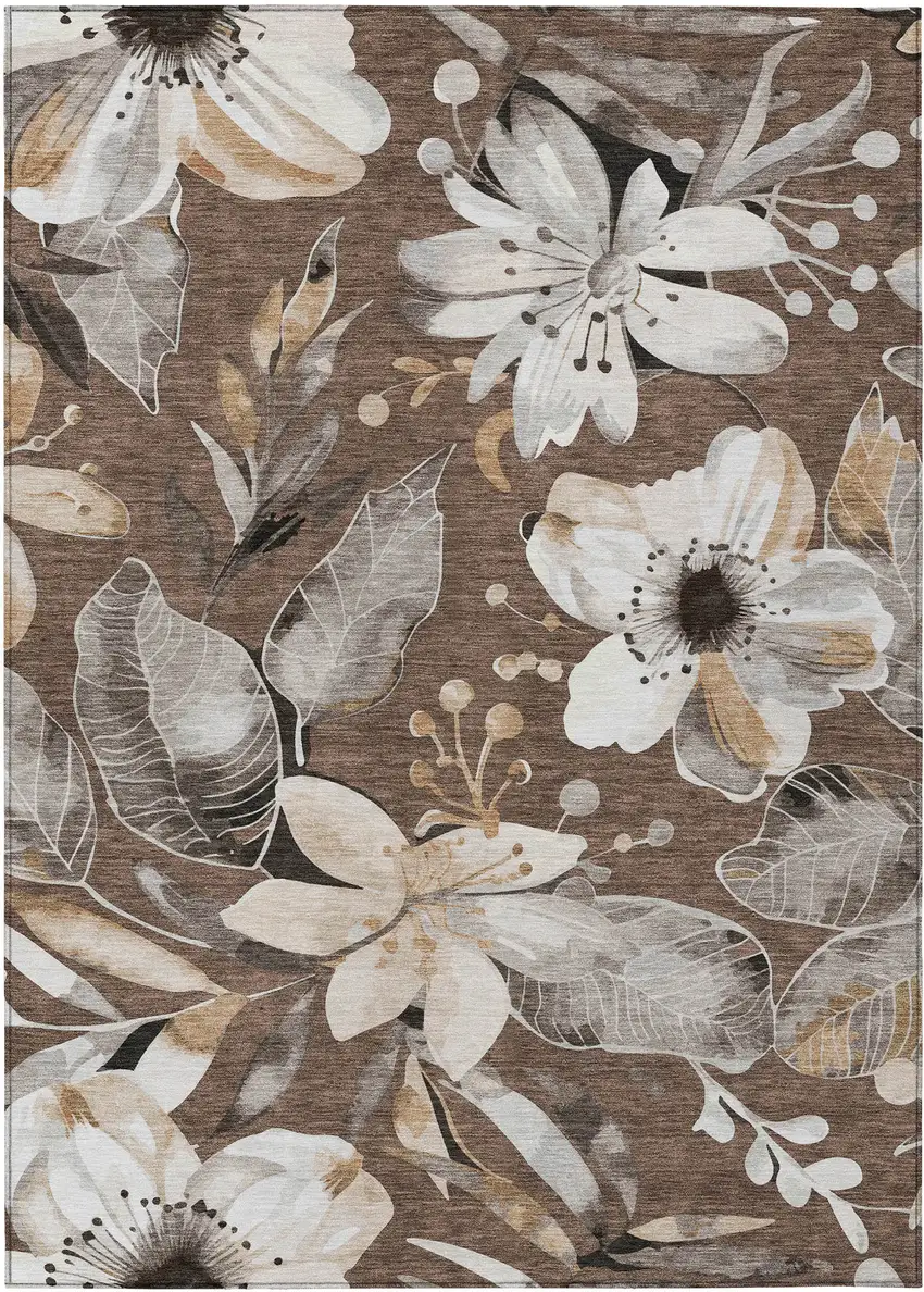 Chocolate Ivory And Wheat Floral Washable Indoor Outdoor Area Rug Photo 2