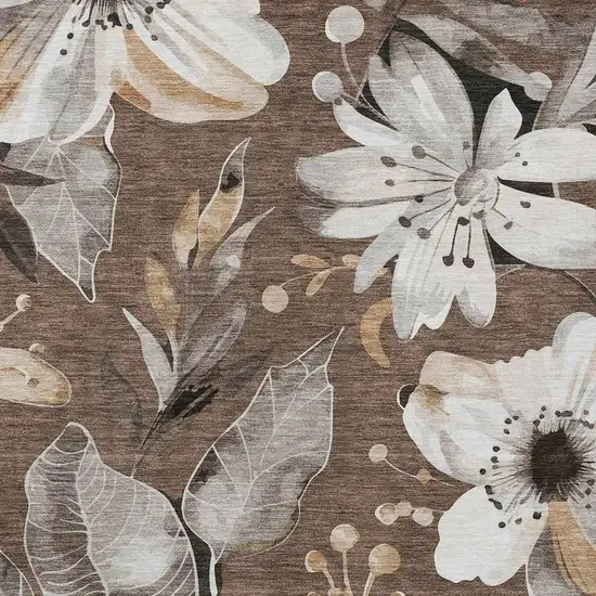 Chocolate Ivory And Wheat Floral Washable Indoor Outdoor Area Rug Photo 6