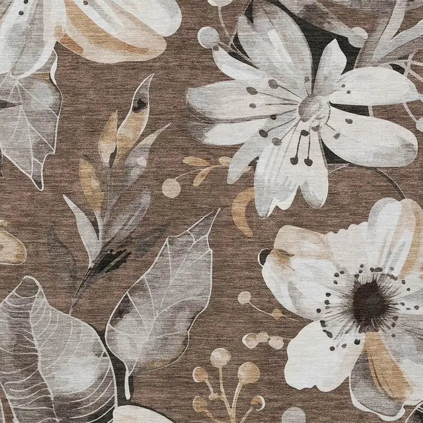 Chocolate Ivory And Wheat Floral Washable Indoor Outdoor Area Rug Photo 6