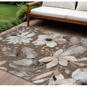 Photo of Chocolate Ivory And Wheat Floral Washable Indoor Outdoor Area Rug