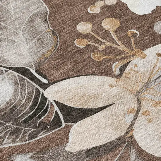 Chocolate Ivory And Wheat Floral Washable Indoor Outdoor Area Rug Photo 7
