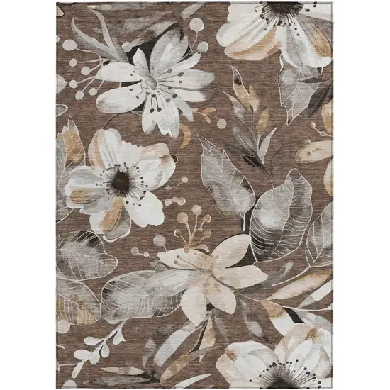 Chocolate Ivory And Wheat Floral Washable Indoor Outdoor Area Rug Photo 4