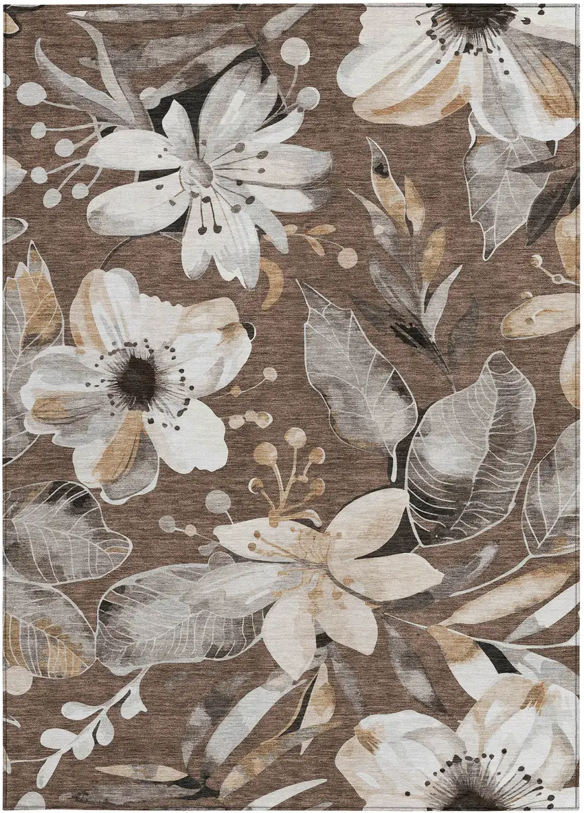 Chocolate Ivory And Wheat Floral Washable Indoor Outdoor Area Rug Photo 4