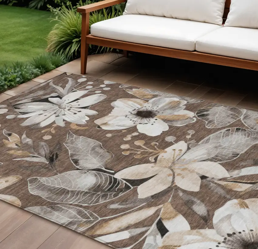 Chocolate Ivory And Wheat Floral Washable Indoor Outdoor Area Rug Photo 1