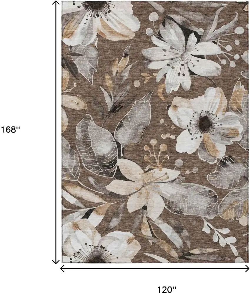 Chocolate Ivory And Wheat Floral Washable Indoor Outdoor Area Rug Photo 3