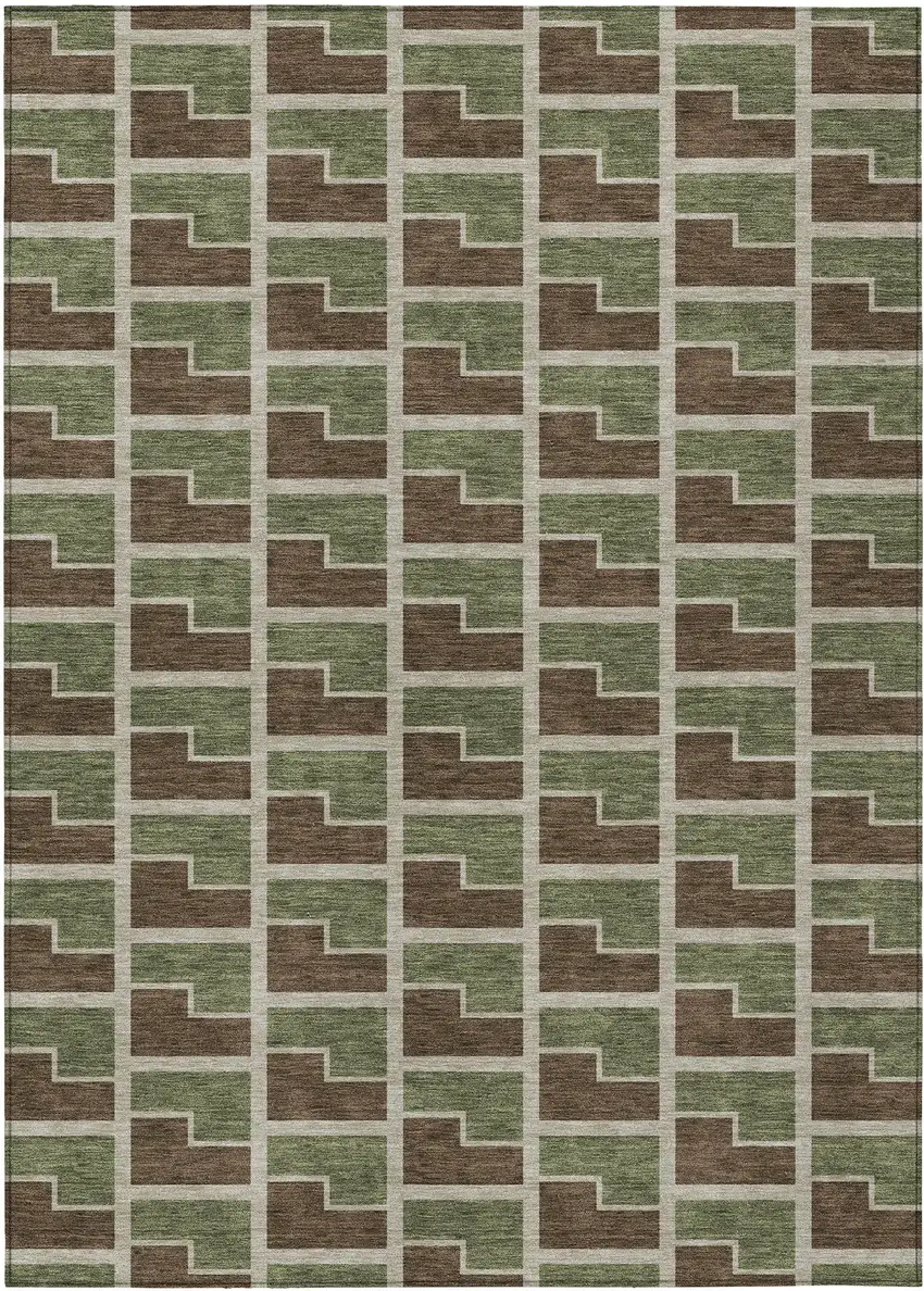 Chocolate Olive Green And Beige Geometric Washable Indoor Outdoor Area Rug Photo 1