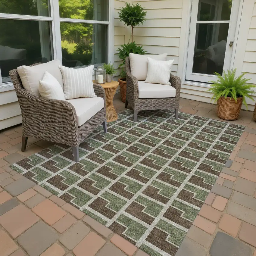 Chocolate Olive Green And Beige Geometric Washable Indoor Outdoor Area Rug Photo 4
