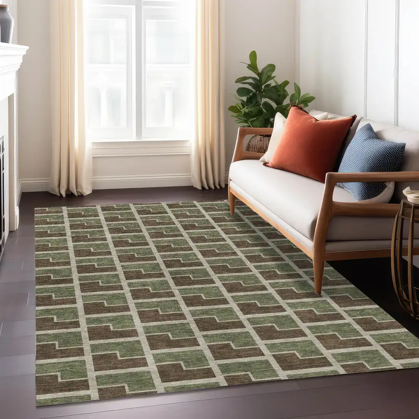 Chocolate Olive Green And Beige Geometric Washable Indoor Outdoor Area Rug Photo 6