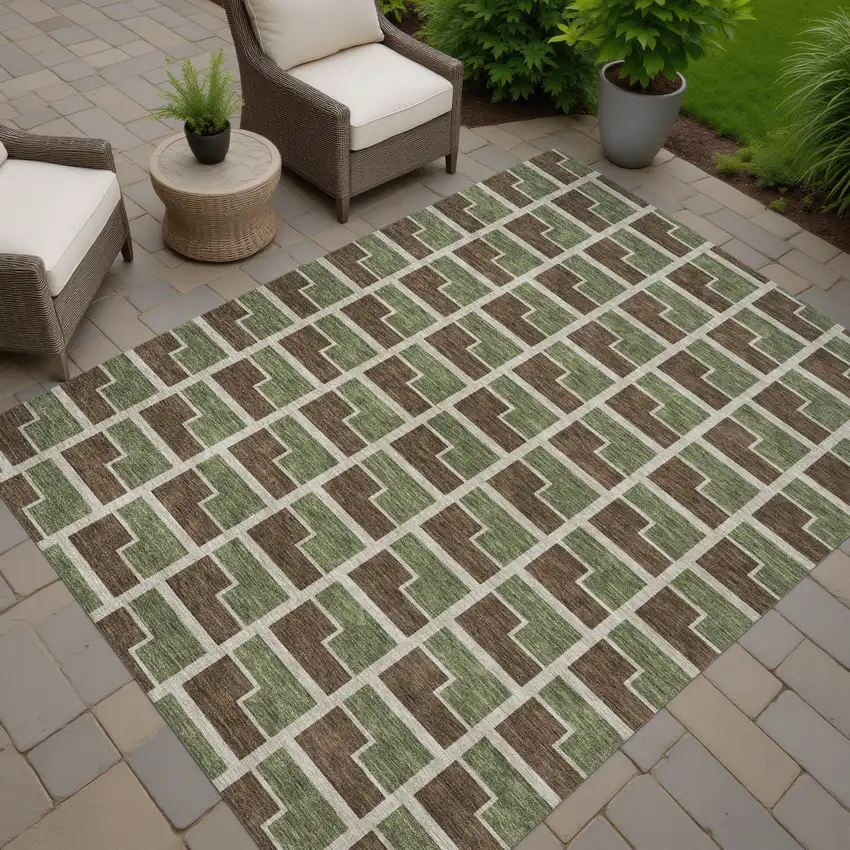 Chocolate Olive Green And Beige Geometric Washable Indoor Outdoor Area Rug Photo 7