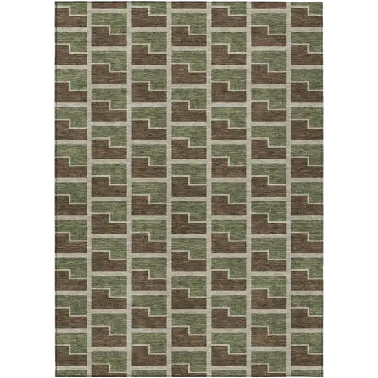Chocolate Olive Green And Beige Geometric Washable Indoor Outdoor Area Rug Photo 1