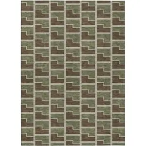 Photo of Chocolate Olive Green And Beige Geometric Washable Indoor Outdoor Area Rug