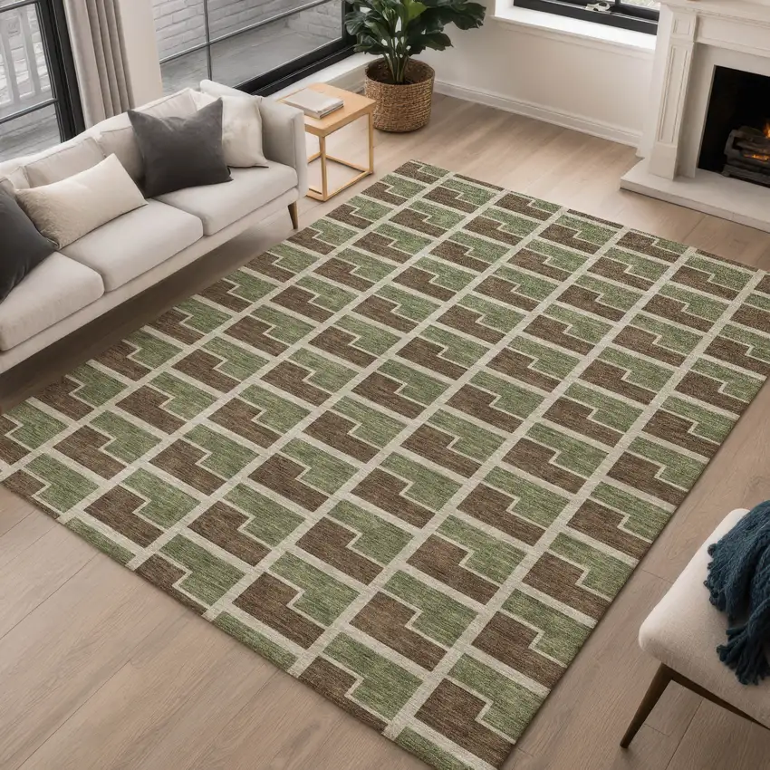 Chocolate Olive Green And Beige Geometric Washable Indoor Outdoor Area Rug Photo 5