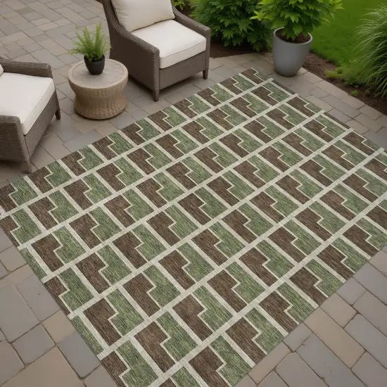 Chocolate Olive Green And Beige Geometric Washable Indoor Outdoor Area Rug Photo 7