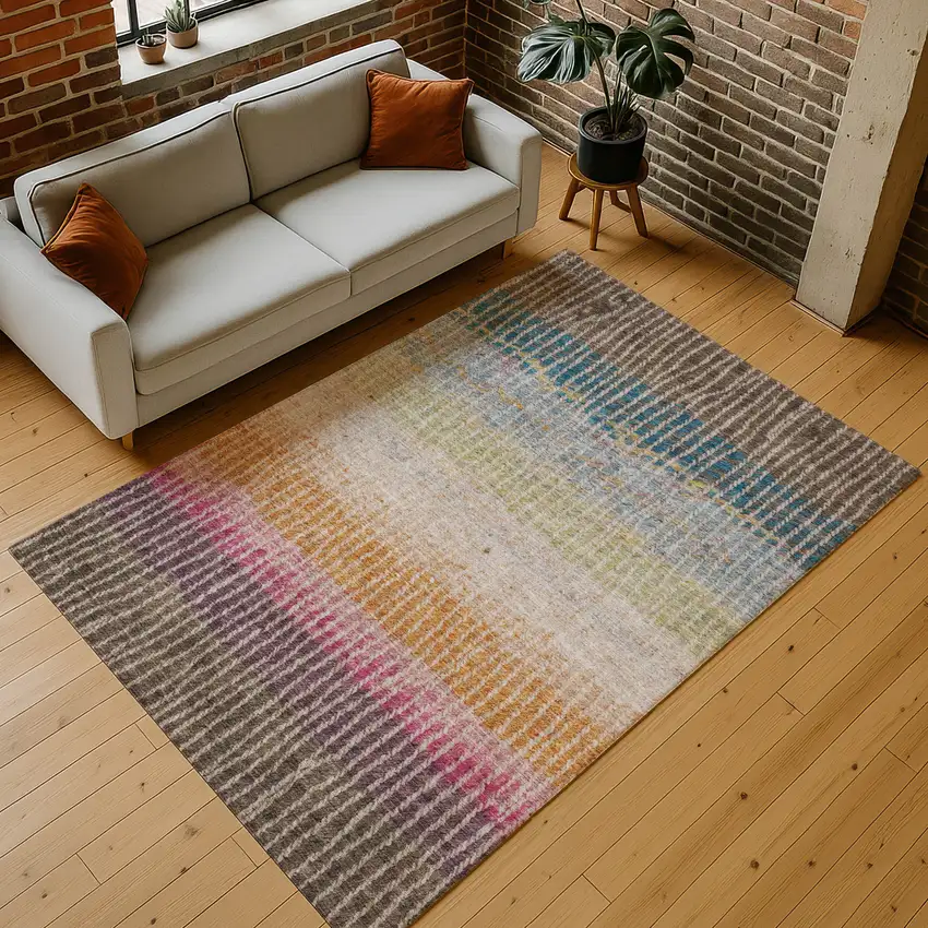 Chocolate Orange And Pink Striped Washable Indoor Outdoor Area Rug Photo 9