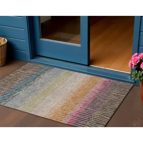 Chocolate Orange And Pink Striped Washable Indoor Outdoor Area Rug Photo 1