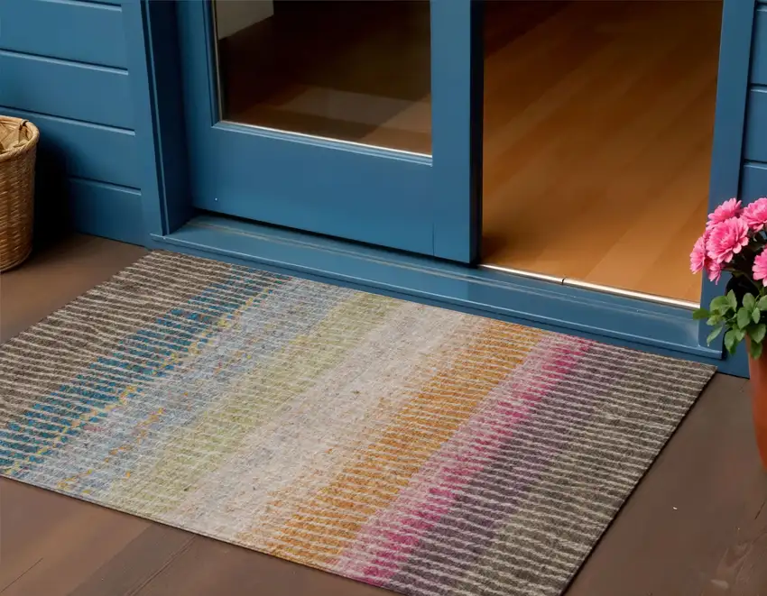 Chocolate Orange And Pink Striped Washable Indoor Outdoor Area Rug Photo 1