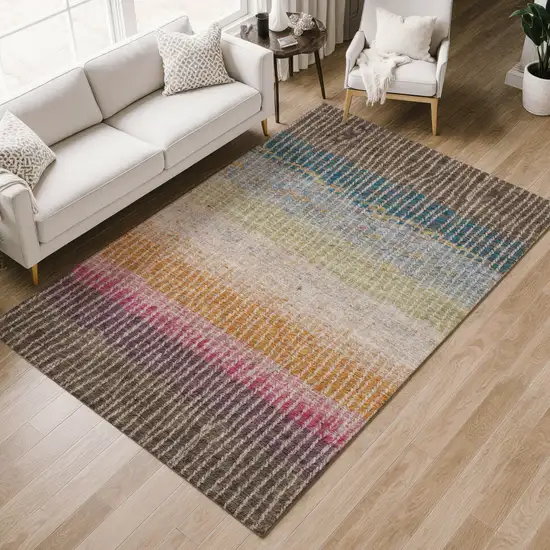 Chocolate Orange And Pink Striped Washable Indoor Outdoor Area Rug Photo 8