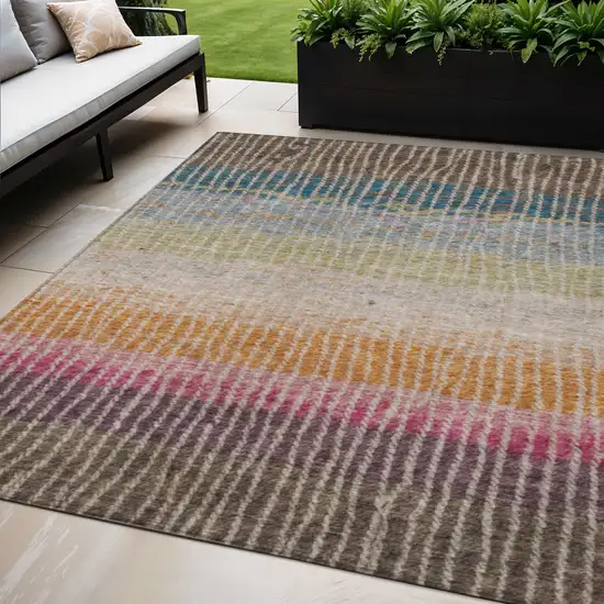 Chocolate Orange And Pink Striped Washable Indoor Outdoor Area Rug Photo 1