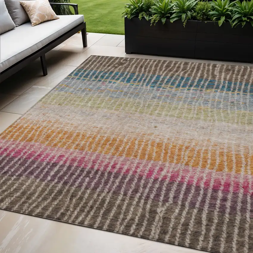 Chocolate Orange And Pink Striped Washable Indoor Outdoor Area Rug Photo 1