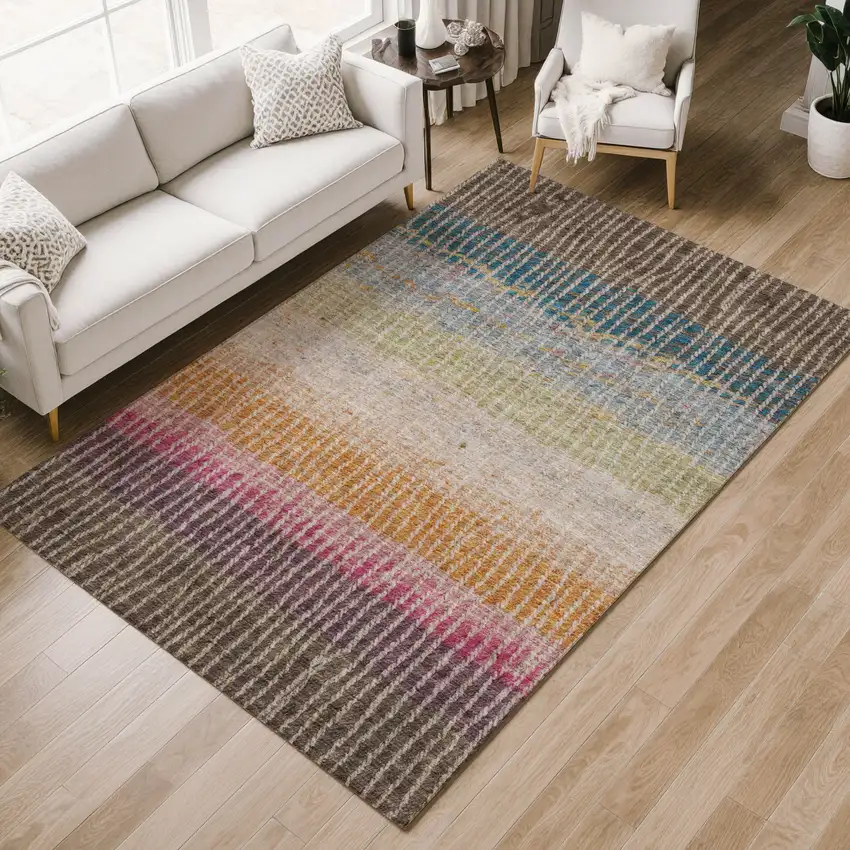 Chocolate Orange And Pink Striped Washable Indoor Outdoor Area Rug Photo 9