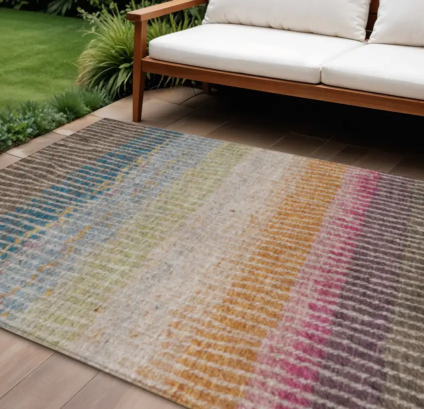 Chocolate Orange And Pink Striped Washable Indoor Outdoor Area Rug Photo 1