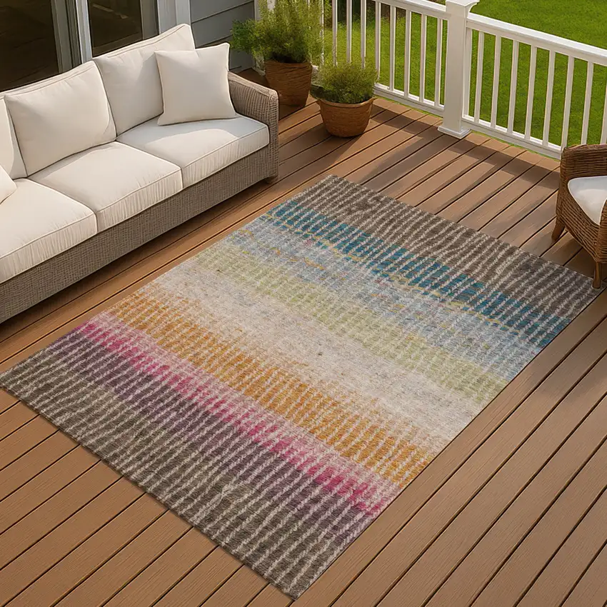 Chocolate Orange And Pink Striped Washable Indoor Outdoor Area Rug Photo 6
