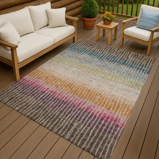 Chocolate Orange And Pink Striped Washable Indoor Outdoor Area Rug Photo 9