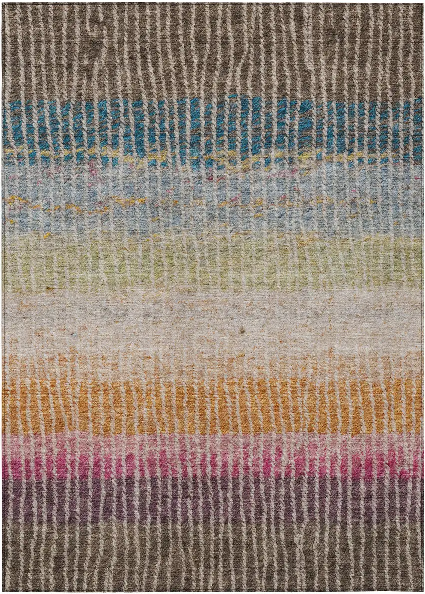 Chocolate Orange And Pink Striped Washable Indoor Outdoor Area Rug Photo 2