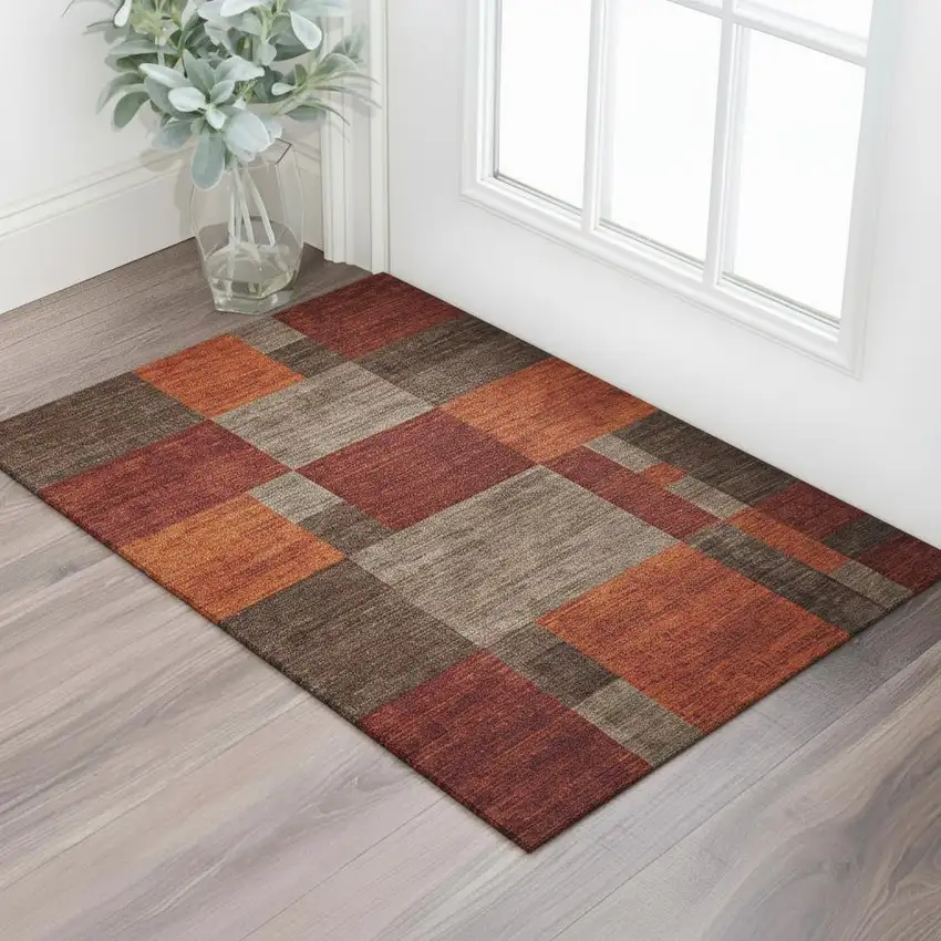 Chocolate Orange And Rust Geometric Washable Area Rug With UV Protection Photo 2