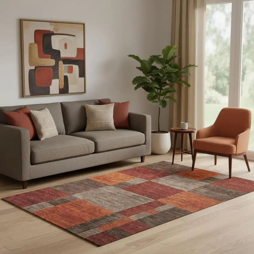 Chocolate Orange And Rust Geometric Washable Area Rug With UV Protection Photo 2