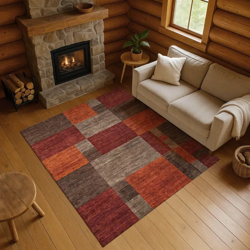 Chocolate Orange And Rust Geometric Washable Area Rug With UV Protection Photo 2