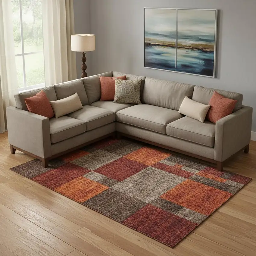 Chocolate Orange And Rust Geometric Washable Area Rug With UV Protection Photo 2