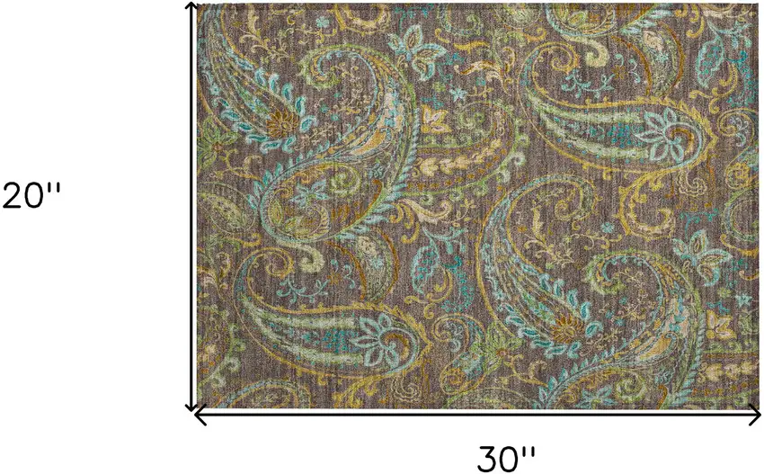 Brown Aqua and Gold Paisley Washable Non Skid Indoor Outdoor Area Rug Photo 3