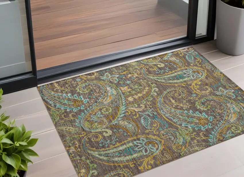 Chocolate Paisley Washable Non Skid Indoor Outdoor Area Rug Photo 1