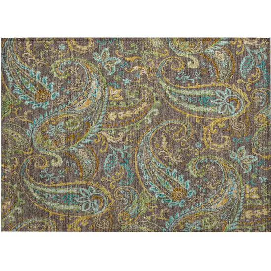 Brown Aqua and Gold Paisley Washable Non Skid Indoor Outdoor Area Rug Photo 2