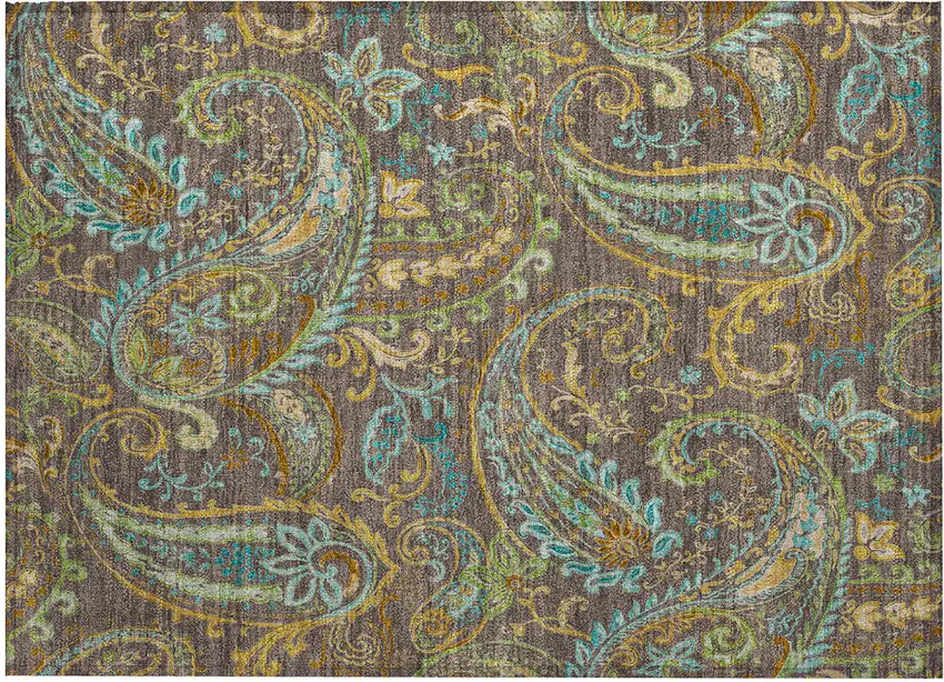 Brown Aqua and Gold Paisley Washable Non Skid Indoor Outdoor Area Rug Photo 2