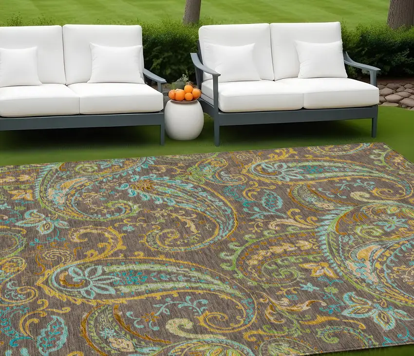 Brown Aqua and Gold Paisley Washable Non Skid Indoor Outdoor Area Rug Photo 1