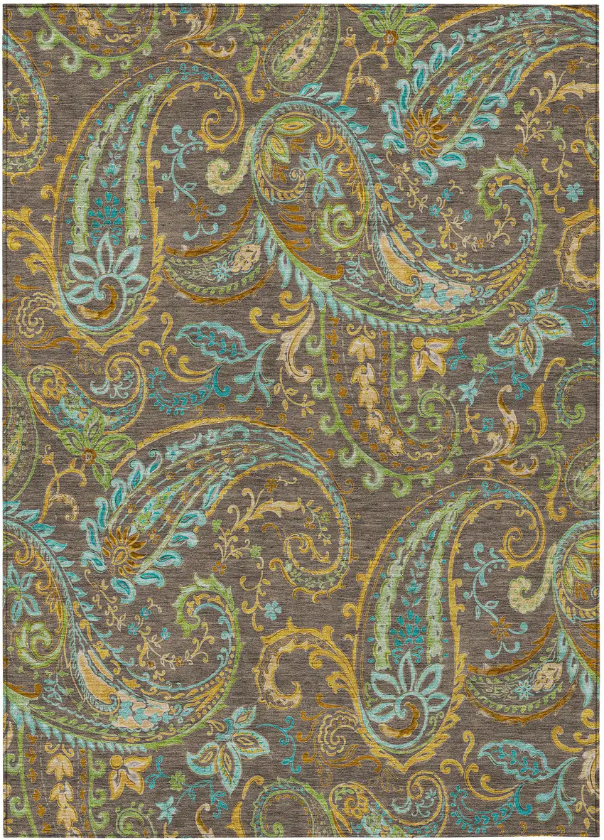 Brown Aqua and Gold Paisley Washable Non Skid Indoor Outdoor Area Rug Photo 2