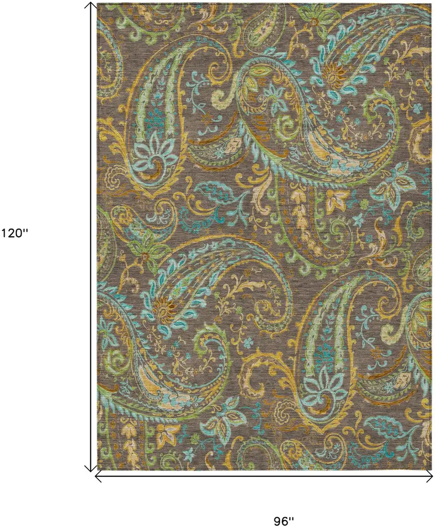 Brown Aqua and Gold Paisley Washable Non Skid Indoor Outdoor Area Rug Photo 3
