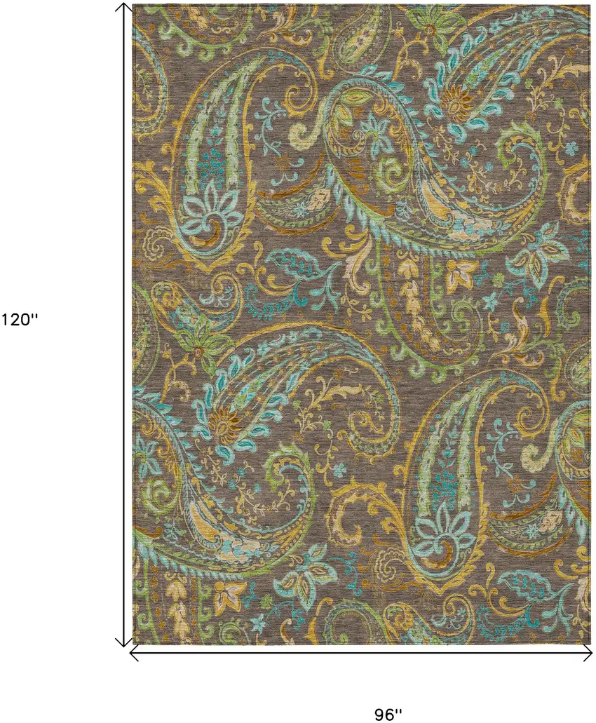 Brown Aqua and Gold Paisley Washable Non Skid Indoor Outdoor Area Rug Photo 3