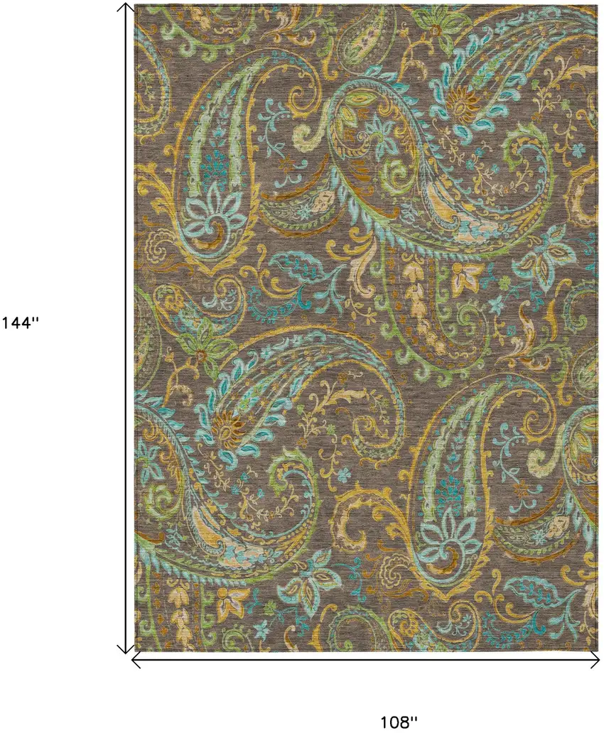 Brown Aqua and Gold Paisley Washable Non Skid Indoor Outdoor Area Rug Photo 3