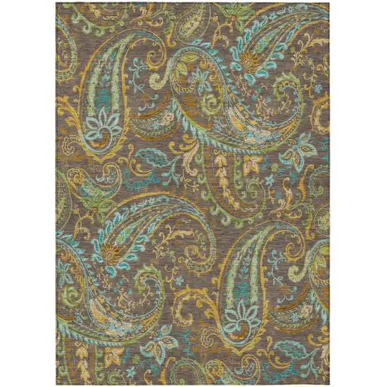Brown Aqua and Gold Paisley Washable Non Skid Indoor Outdoor Area Rug Photo 2