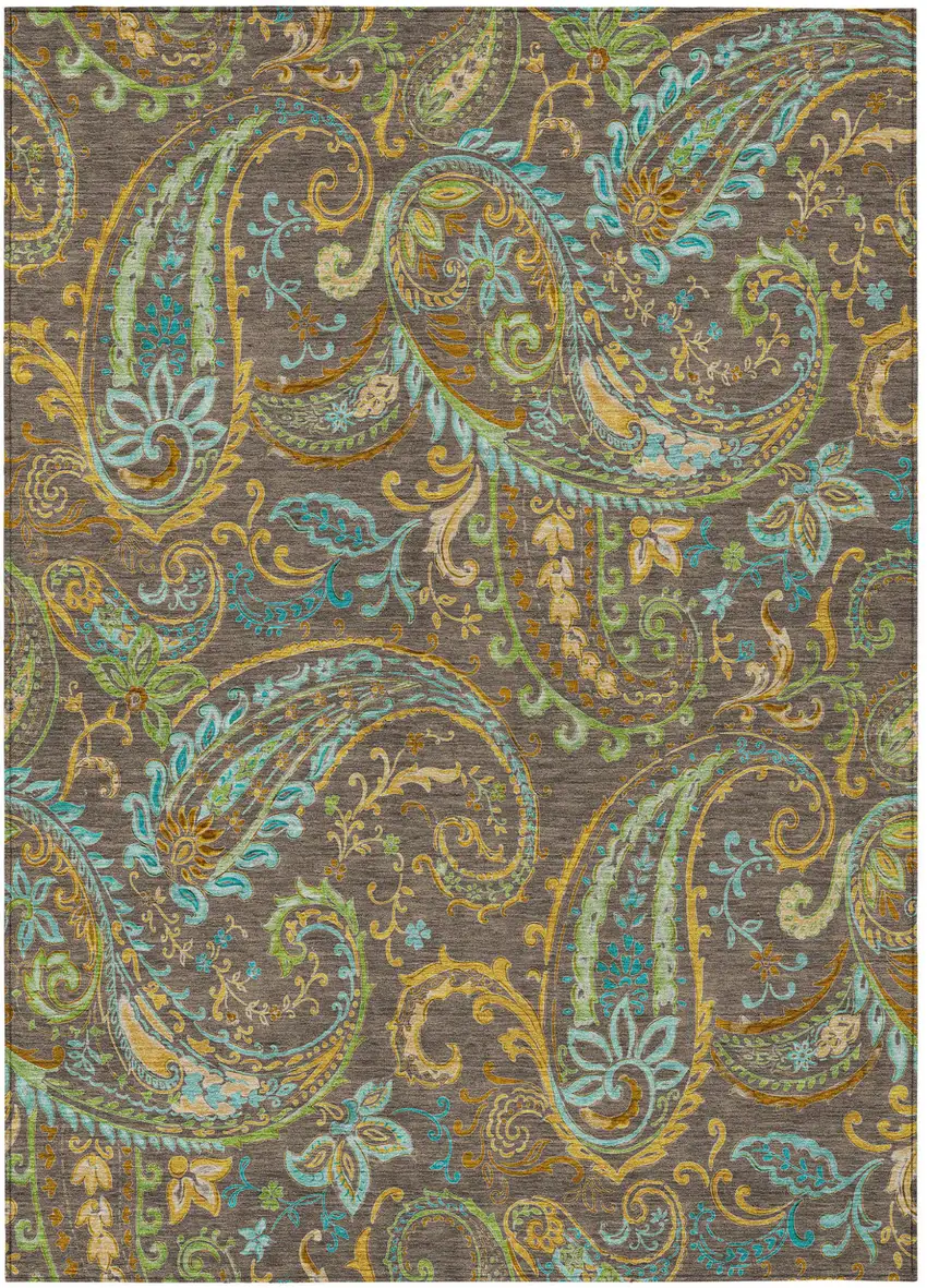Brown Aqua and Gold Paisley Washable Non Skid Indoor Outdoor Area Rug Photo 2