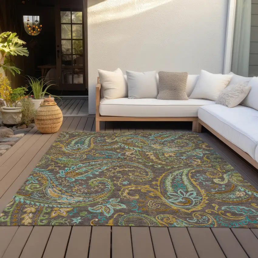 Brown Aqua and Gold Paisley Washable Non Skid Indoor Outdoor Area Rug Photo 9