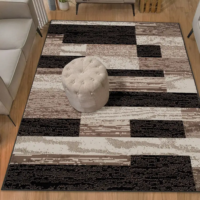 Black Brown And Beige Patchwork Area Rug Photo 5