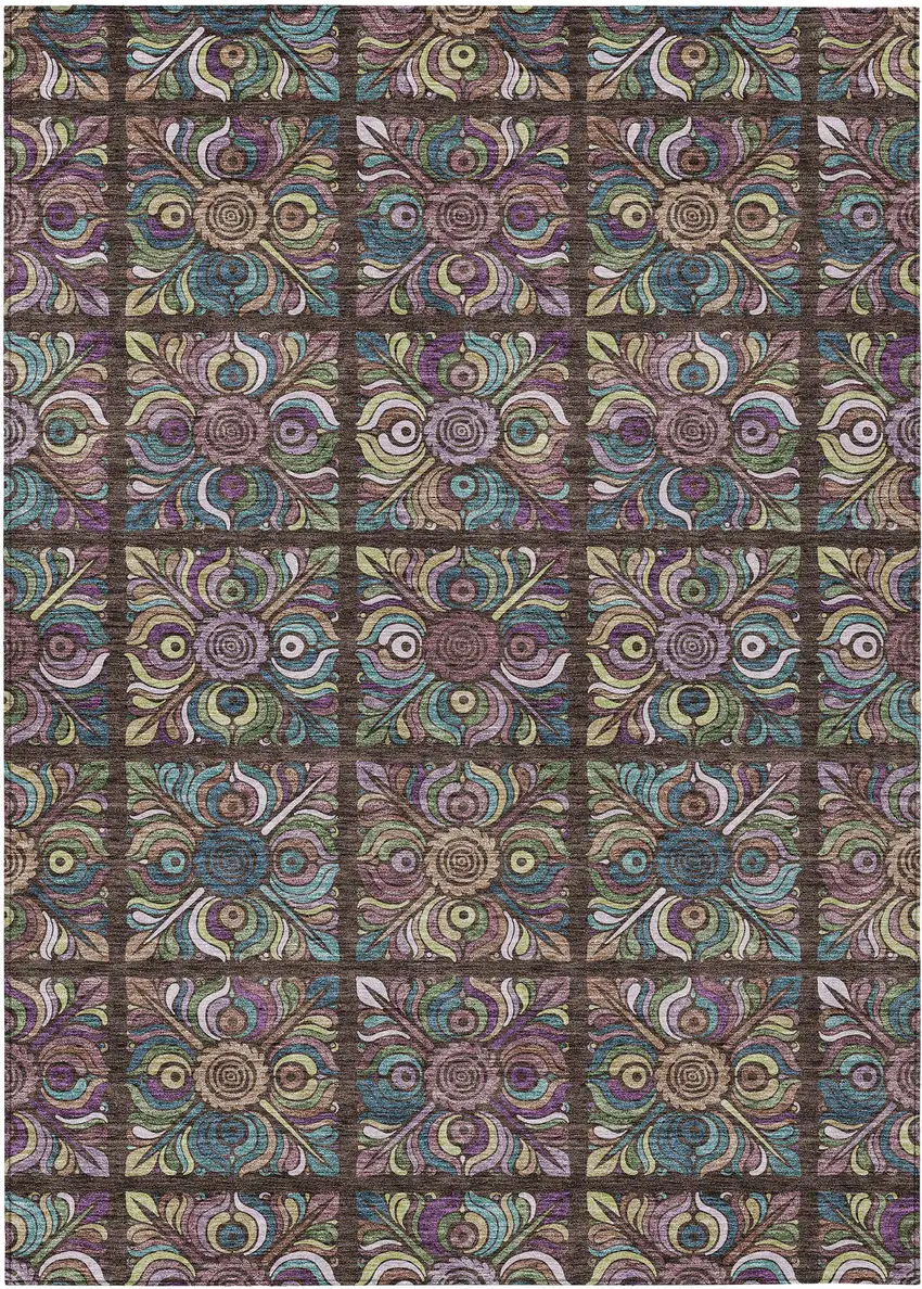 Chocolate Purple And Teal Blue Medallion Washable Indoor Outdoor Area Rug Photo 2