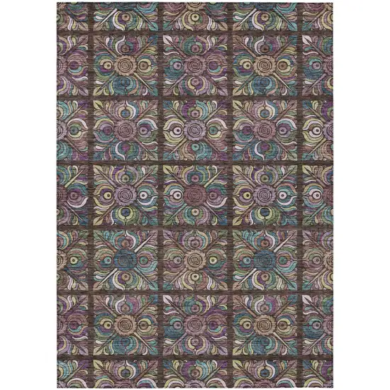 Chocolate Purple And Teal Blue Medallion Washable Indoor Outdoor Area Rug Photo 2