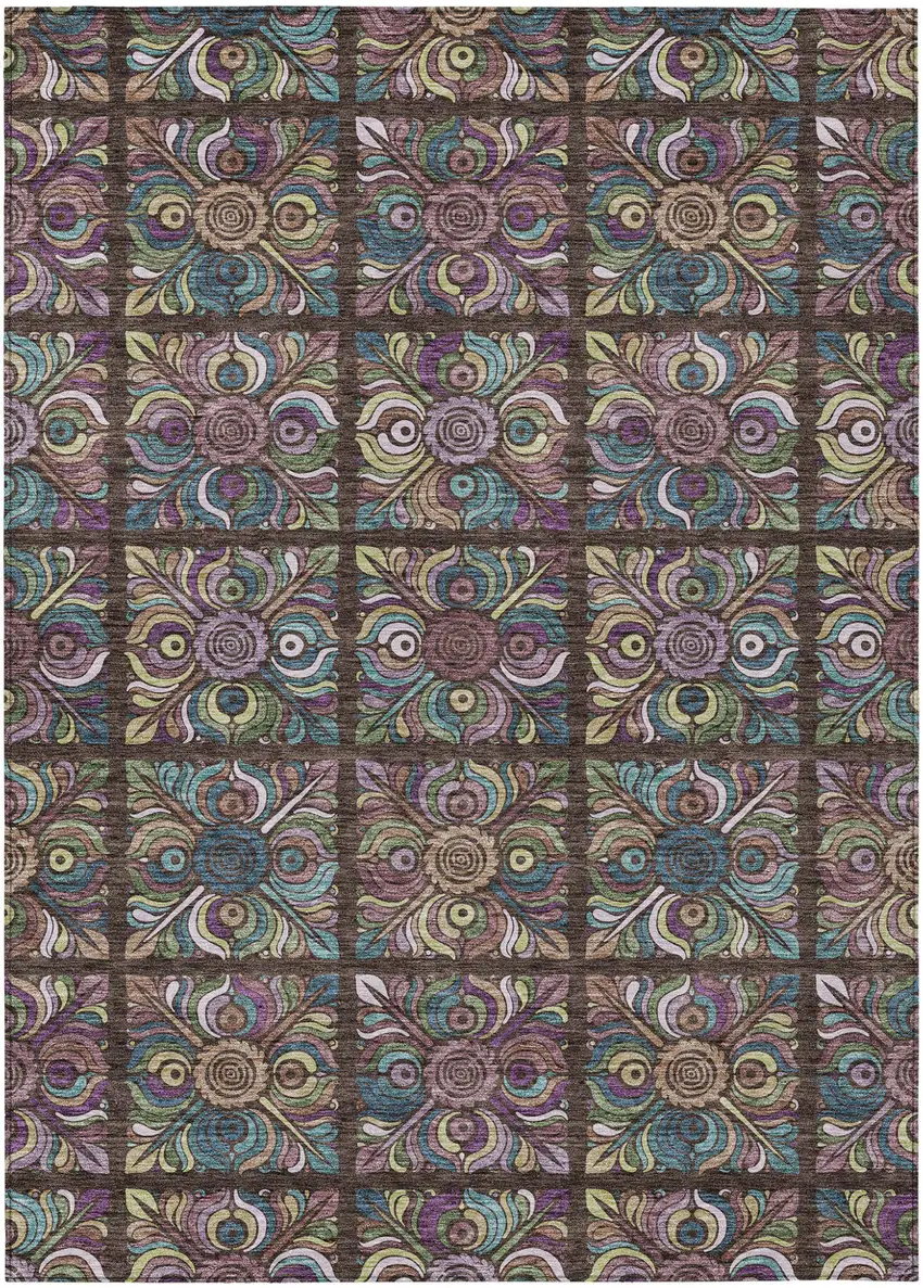 Chocolate Purple And Teal Blue Medallion Washable Indoor Outdoor Area Rug Photo 2