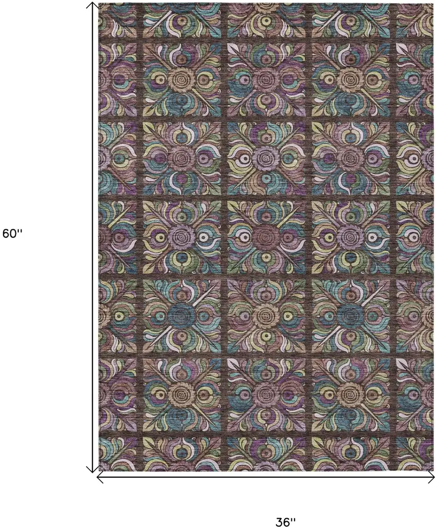 Chocolate Purple And Teal Blue Medallion Washable Indoor Outdoor Area Rug Photo 3
